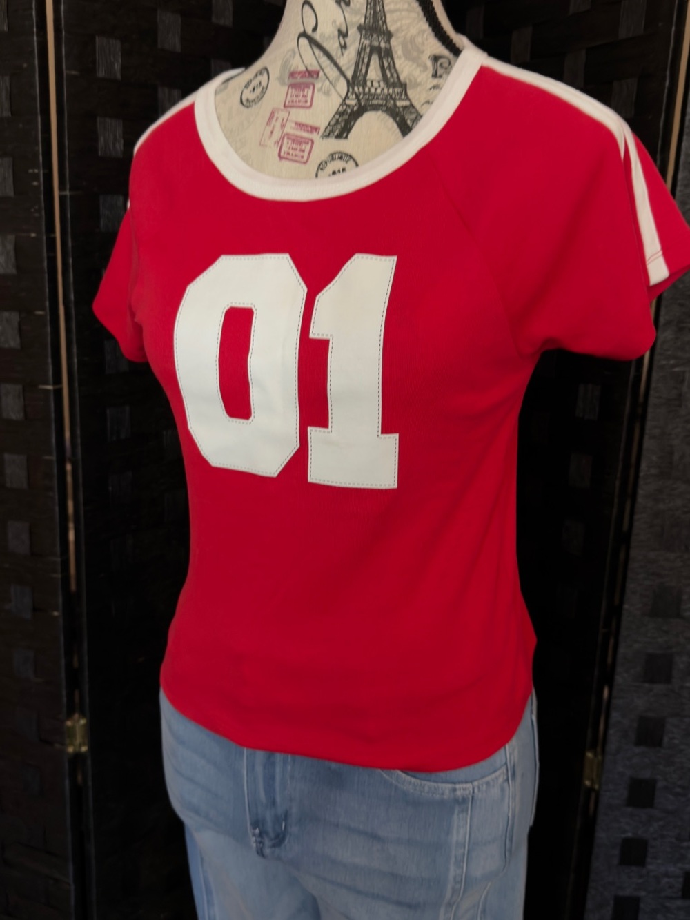 Red Women's Athletic Short Sleeve Tee with White '01' Graphic